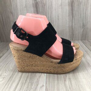 Via Spiga Wedge Sandals Womens 7M Black Suede Buckle Strap Shoes